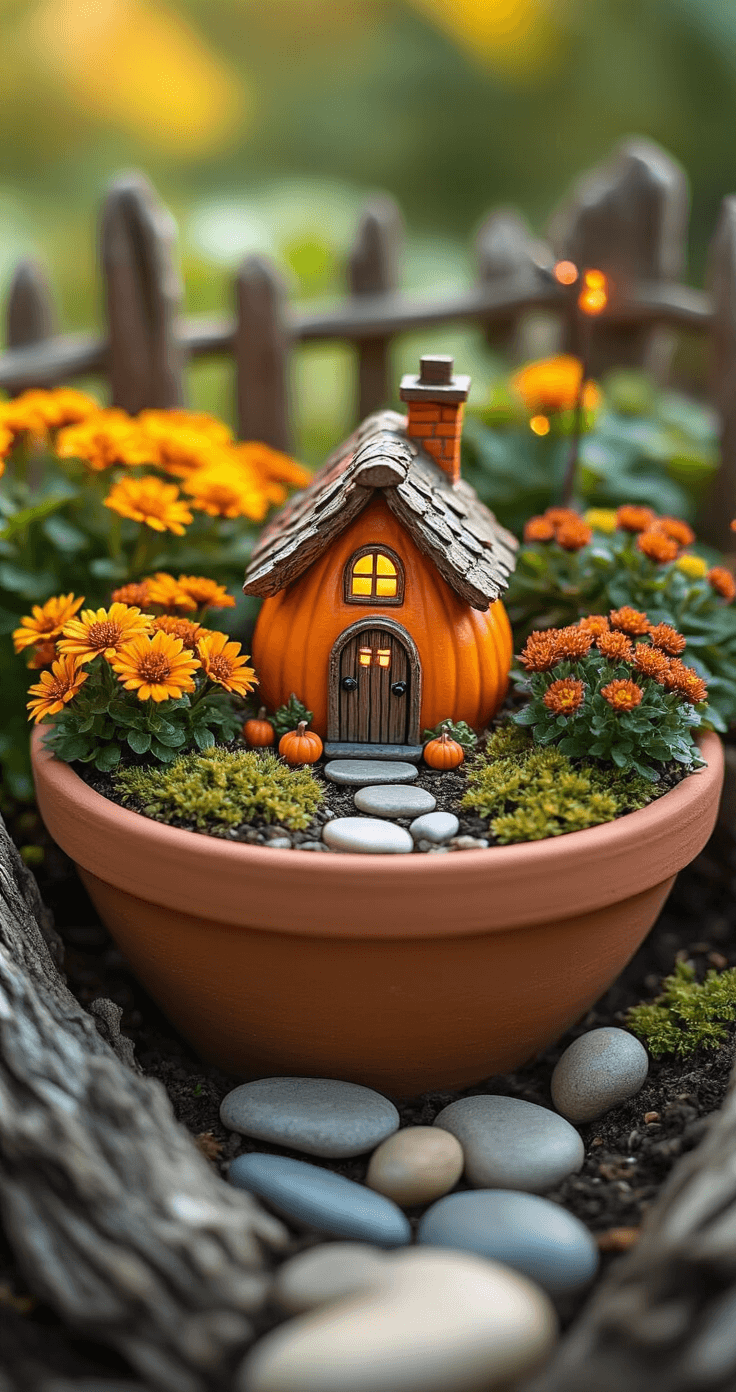 Close-up of a miniature autumn fairy garden in a terracotta bowl, featuring a pumpkin house with a hand-painted door, surrounded by colorful mums and ornamental kale, tiny copper fairy lights, weathered bark fence fragments, and smooth river stones, all illuminated by soft morning light.