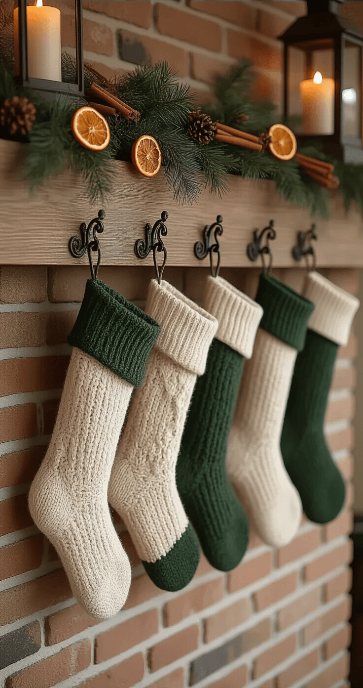 Rustic farmhouse mantel adorned with antique bronze stocking holders and hand-knitted cream and green stockings, accented by a pine garland with dried oranges and cinnamon sticks, vintage lanterns with flickering candles, and an aged brick fireplace in the background.