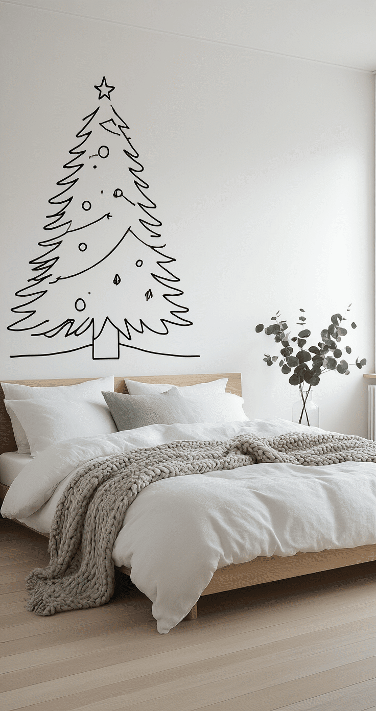Modern Scandinavian bedroom featuring pure white walls and light oak hardwood floors, with a large black line art Christmas tree illustration behind a platform bed, simple white linen bedding, a soft gray chunky knit throw, and a single stem eucalyptus in a clear glass vase, all illuminated by soft morning light.