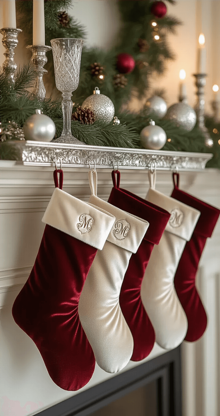 An elegant holiday mantel adorned with silver and gold metallic stocking holders featuring monogrammed designs and soft engraved family initials, supporting rich jewel-toned silk and velvet stockings. Crystal candlesticks and vintage silver ornaments create a sophisticated backdrop against a soft champagne and cream color palette with metallic accents, illuminated by warm evening light.