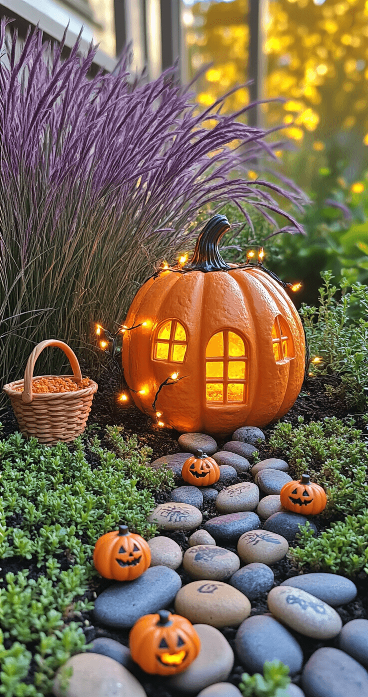 A wide-angle view of a fairy garden transitioning from Halloween to harvest themes, featuring a foam pumpkin structure with tiny windows, amber fairy lights among purple fountain grass and creeping thyme, a miniature wheelbarrow and harvest basket, painted rocks with jack-o-lantern faces, set against a rich earthy background of a wooden deck in late afternoon light casting long golden shadows.