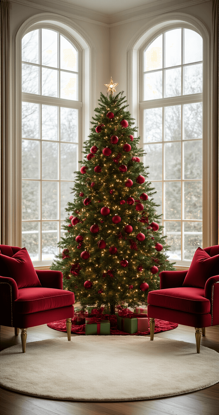 Ultra-detailed interior of a luxurious living room featuring a 7.5-foot Fraser fir Christmas tree decorated with deep cranberry red and emerald green ornaments, warm white lights, and positioned near large bay windows. The scene includes hardwood floors, a plush cream area rug, and gold-trimmed velvet chairs, with soft winter light creating a warm atmosphere and mercury glass ornaments adding subtle sparkles.