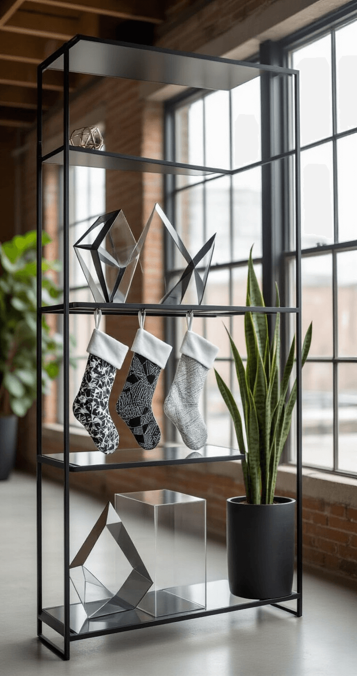 A modern loft holiday display showcases clear acrylic stocking holders on black metal shelves, featuring stockings with geometric patterns, complemented by abstract metal sculptures and architectural houseplants, illuminated by natural light from industrial windows.