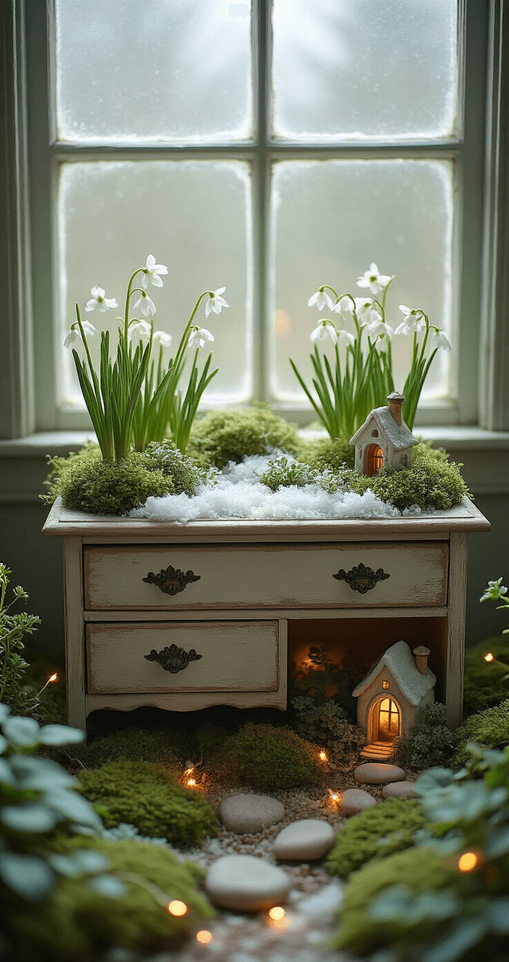 An enchanting winter fairy garden scene captures a vintage wooden dresser drawer filled with faux snow and adorned with paperwhite flowers, battery-operated fairy lights, creeping thyme, moss-covered rocks, and a tiny ceramic cottage, all softly illuminated by natural light filtering through frosted windowpanes.