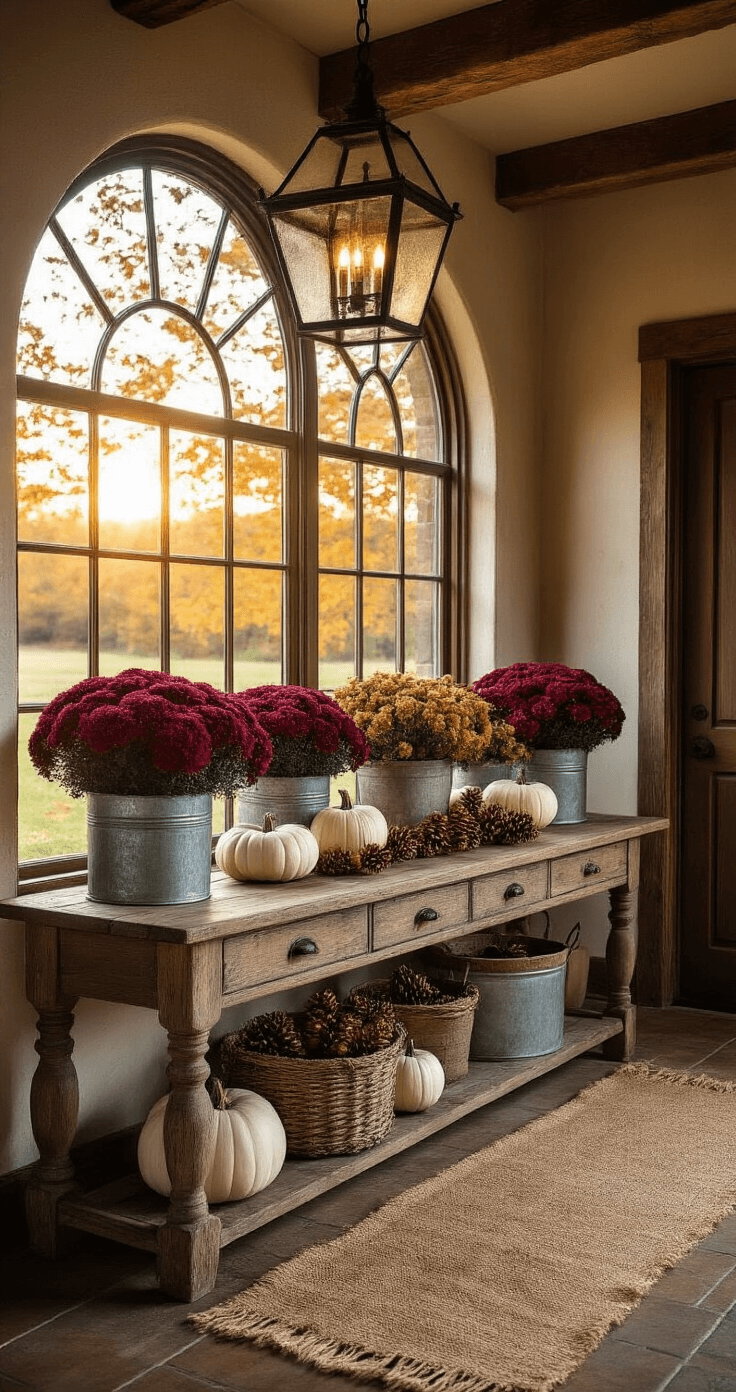 Rustic farmhouse-style entryway at golden hour, featuring a vintage wooden console table adorned with layered autumn decor, weathered galvanized metal planters with burgundy mums and white pumpkins, a textured burlap runner with copper-toned pinecones, and a wrought iron lantern casting warm shadows, all illuminated by soft amber sunlight streaming through a large arched window.
