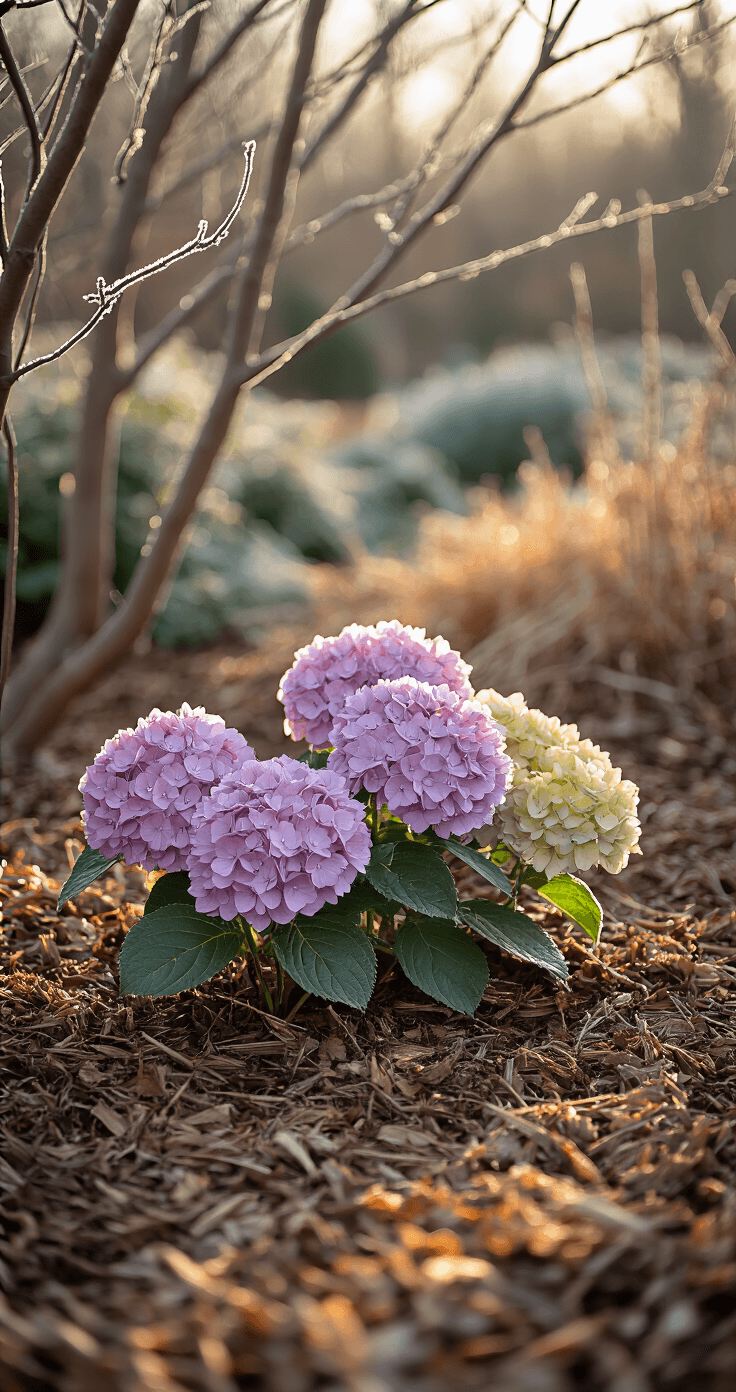 A serene winter garden scene with hydrangeas mulched in shredded bark and straw, bathed in soft morning light filtering through bare branches, highlighting frost-rimmed stems against a warm taupe and soft grey backdrop.