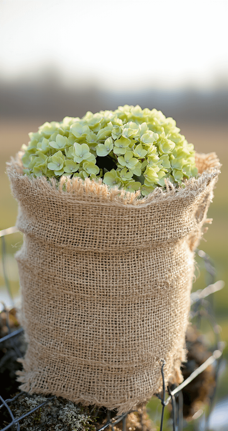 Close-up of a hydrangea plant wrapped in textured burlap fabric, featuring intricate wrapping details against a soft winter landscape. Soft sunlight highlights the burlap's texture, with a chicken wire frame subtly visible underneath. The image displays muted sage green and warm brown tones, showcasing the plant's winter protection in a wide depth of field.