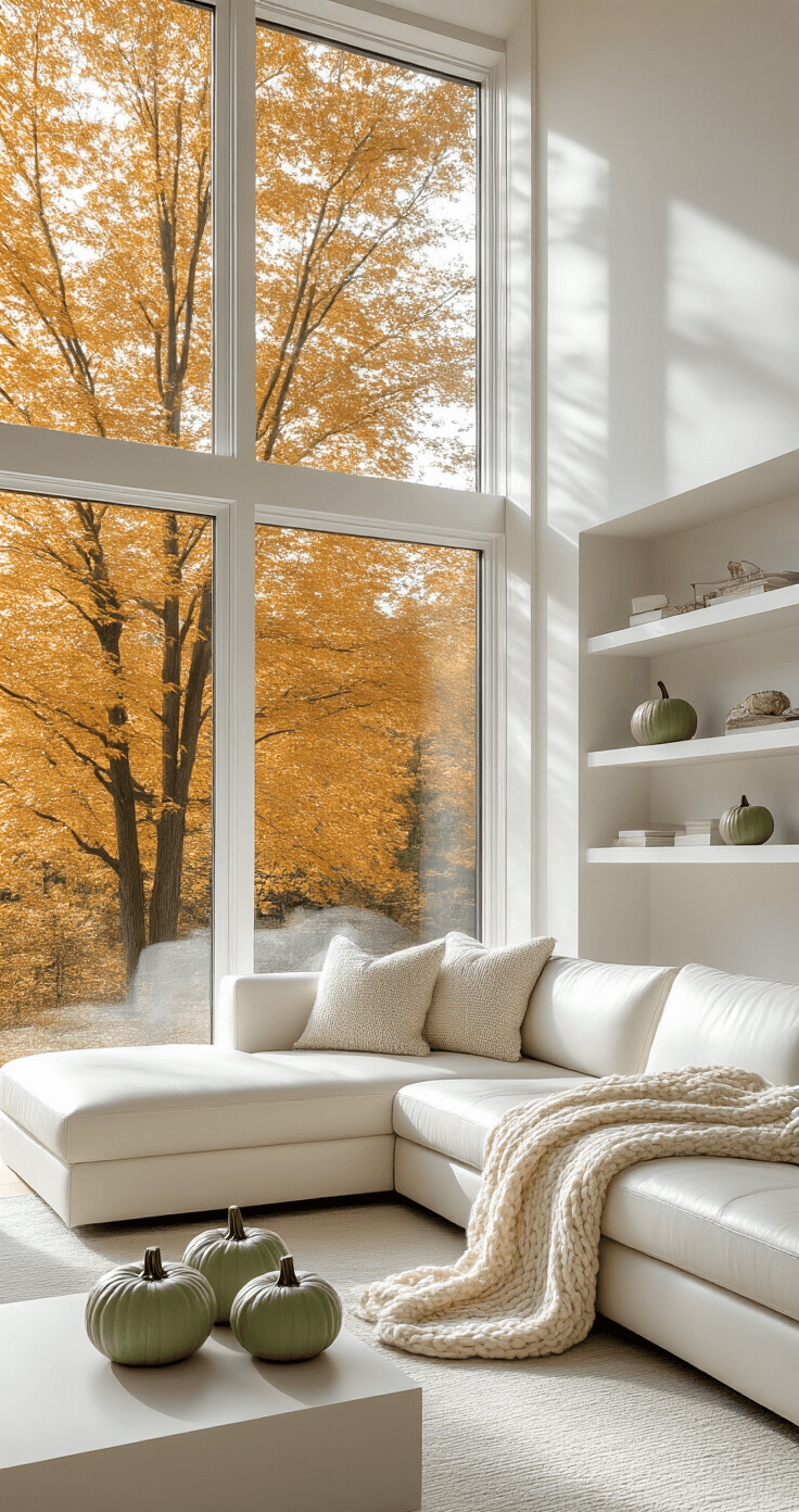 Modern minimalist living room with floor-to-ceiling windows, showcasing golden maple trees outside, featuring a sleek white leather sectional, a chunky knit throw, pale green ceramic pumpkins on floating shelves, and a palette of muted sage and ivory, illuminated by soft natural light.