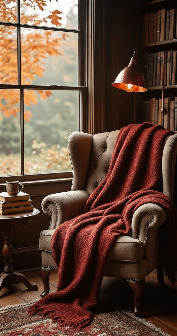 Cozy reading nook featuring an overstuffed wingback armchair with a rust-colored wool blanket, an antique wooden side table with vintage books and a ceramic mug, and a warm amber glow from a copper floor lamp. A misty window shows falling maple leaves, surrounded by rich jewel tones of burgundy, green, and orange, with layered textures of wool, leather, and aged wood, captured in soft focus to create an intimate atmosphere.