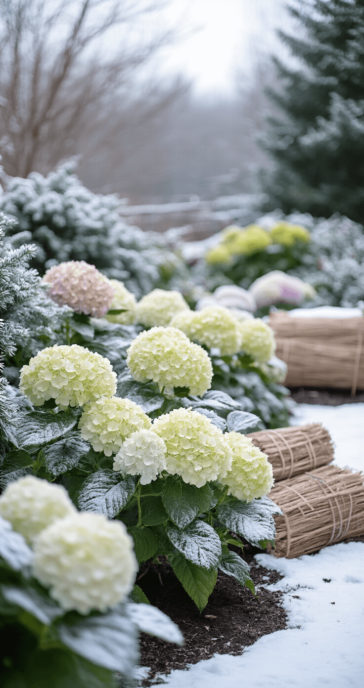 Expansive winter garden scene featuring various hydrangea varieties in different protective stages, including mulched and partially wrapped, set against a soft overcast sky with snow-dusted beds and arranged materials in a neutral palette of greys, whites, and soft browns.