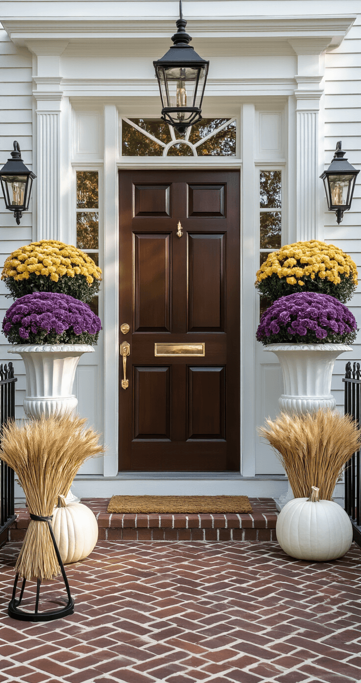Traditional Colonial front entry featuring a deep mahogany door flanked by matching brass lanterns, large white ceramic urns with deep purple chrysanthemums and white pumpkins, a black wrought iron umbrella stand with dried wheat, and herringbone brick flooring, all under early morning light creating precise shadows against crisp white walls with deep navy trim.