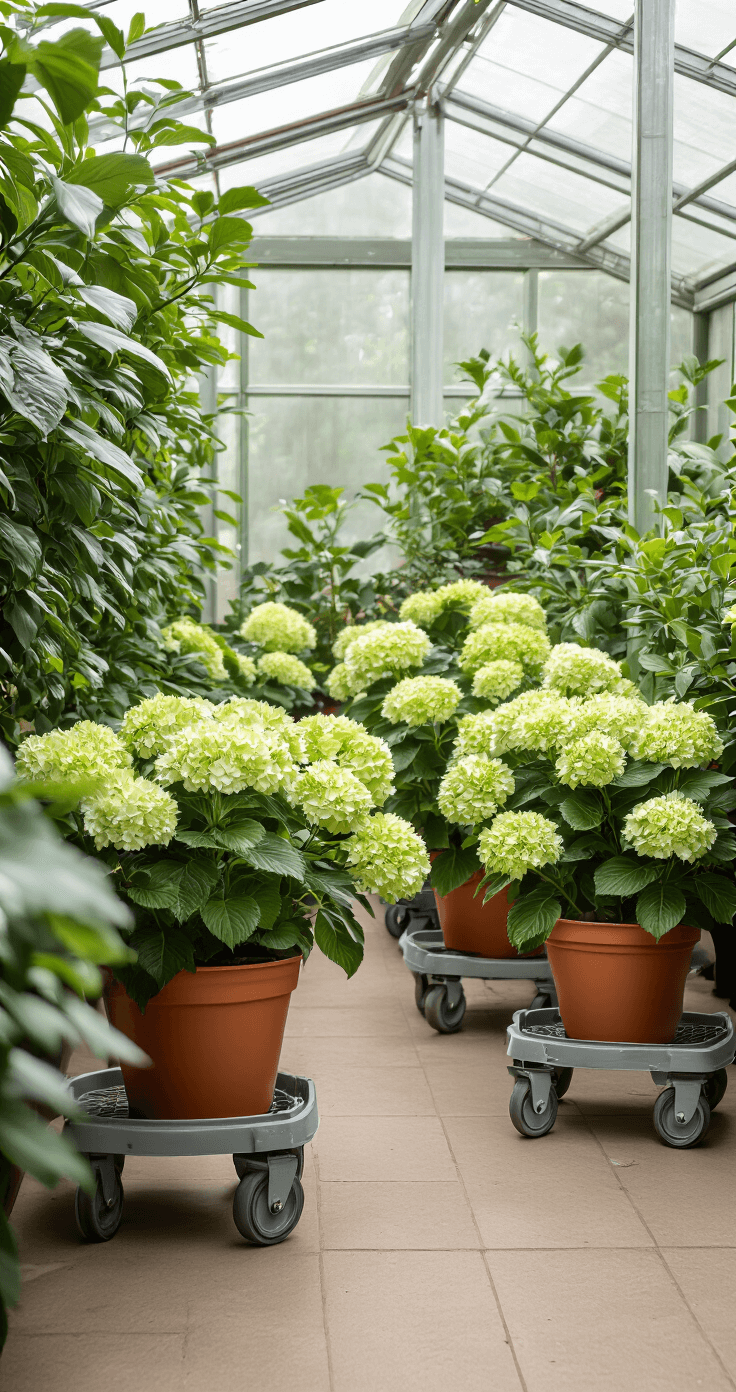 Interior greenhouse with potted hydrangeas on wheeled caddies, illuminated by soft light filtering through glass, showcasing an organized winter storage arrangement in cool, muted green and terracotta tones.