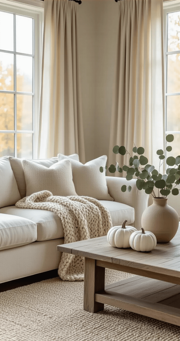 Cinematographic living room interior showcasing a cream linen sofa with a taupe chunky knit throw, soft morning light filtering through linen curtains, styled with white ceramic pumpkins and dried eucalyptus in a stoneware vase, emphasizing a neutral fall decor palette with textural layers and inviting autumnal atmosphere.