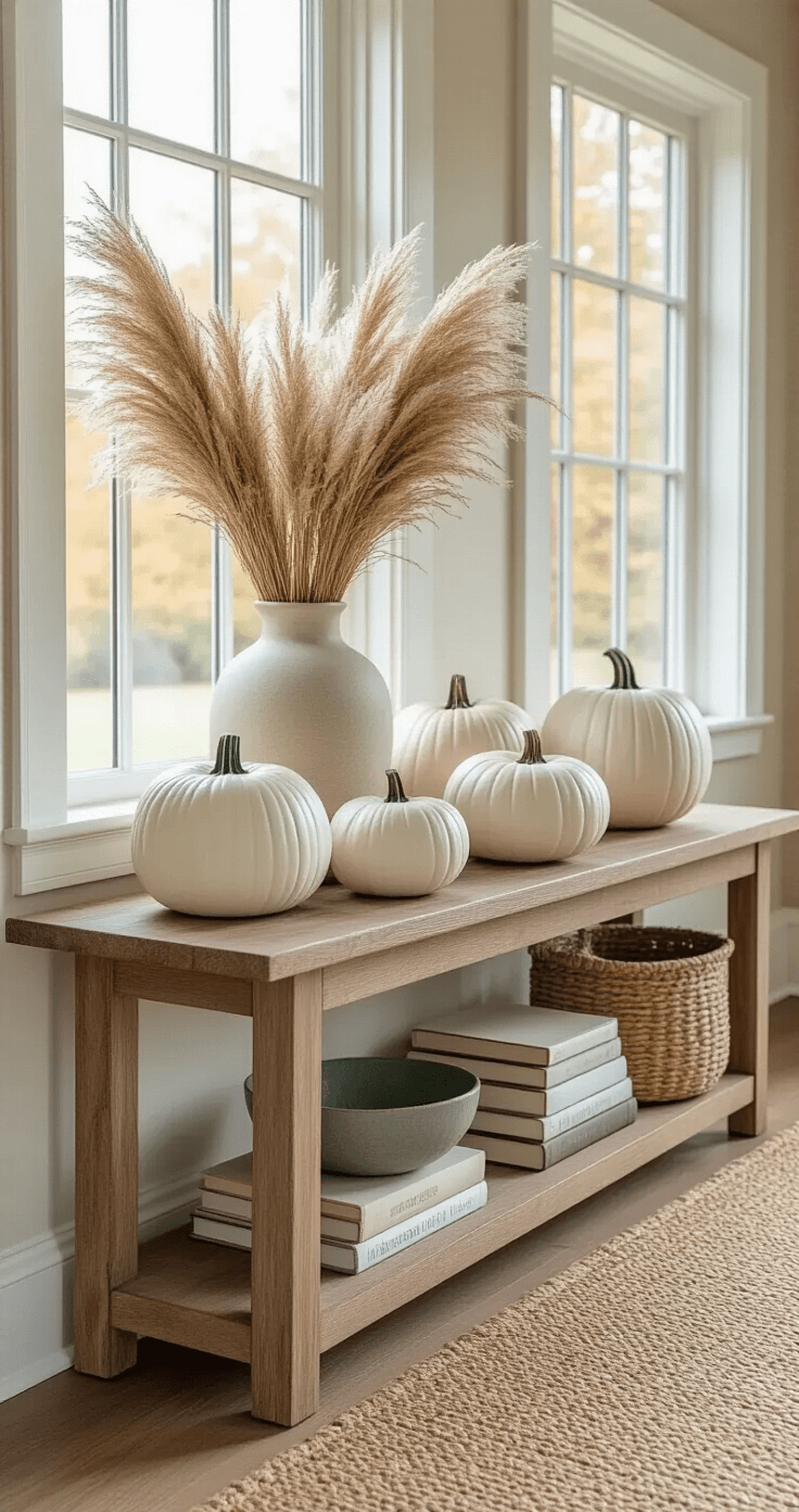 Moody entryway featuring a wooden console table adorned with a jute runner, white ceramic pumpkins, a tall vase of pampas grass, stacked vintage books, and a sage green ceramic bowl, all illuminated by natural light and set against a warm neutral color palette.