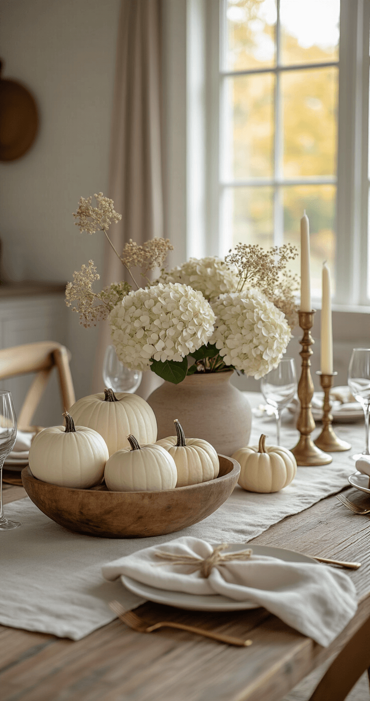 Intimate dining table set with a natural linen runner on a reclaimed wood table, featuring a wooden dough bowl filled with white and cream pumpkins, dried hydrangea stems, and brass candlesticks, complemented by neutral place settings with linen napkins tied in twine, bathed in soft afternoon light.
