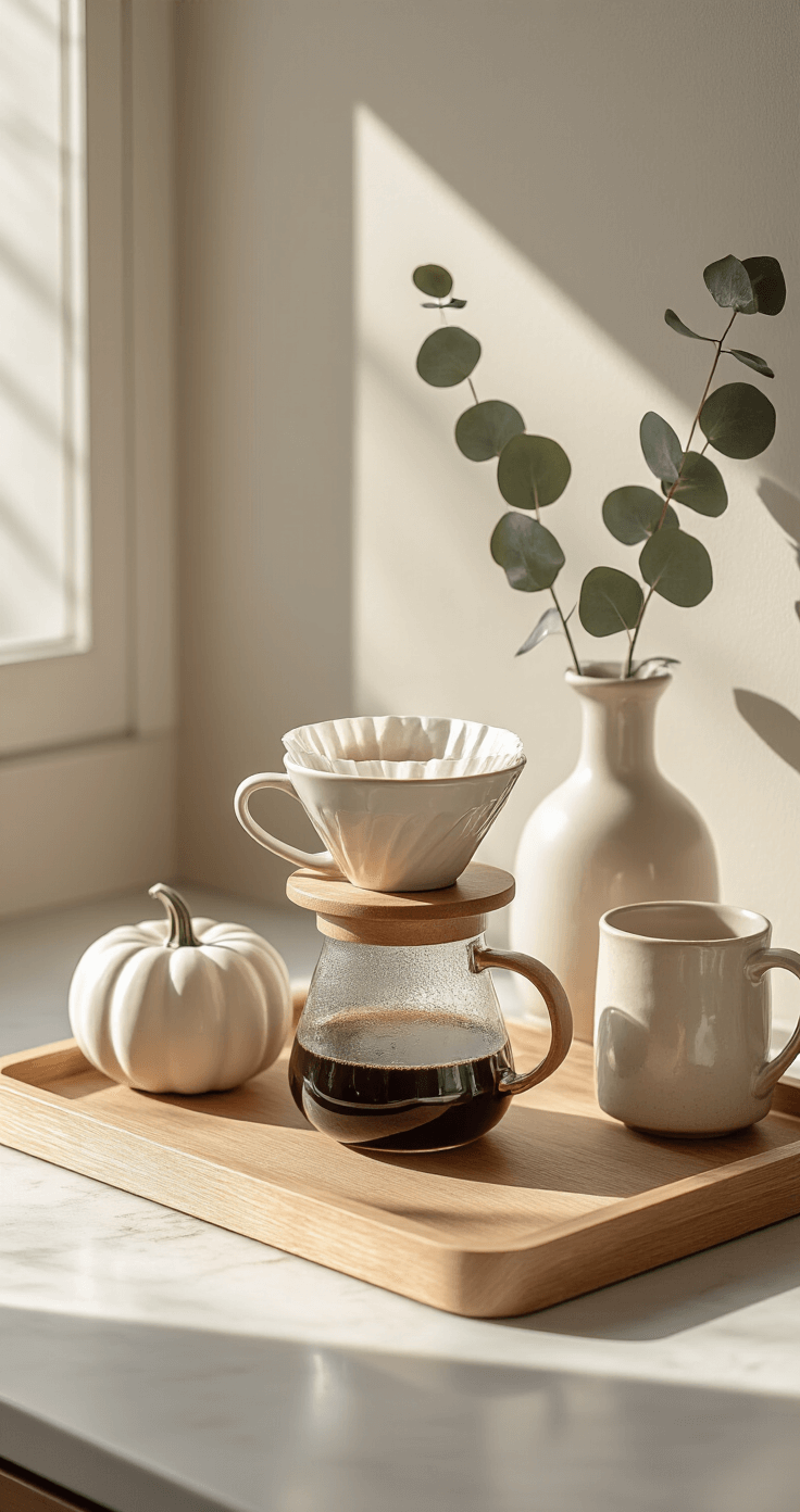 Cozy coffee station on a kitchen counter, featuring a wooden tray with a pour-over setup, cream ceramic mugs, a small white pumpkin, and a dried eucalyptus stem in a bud vase, bathed in soft morning light with a warm taupe and cream color palette.