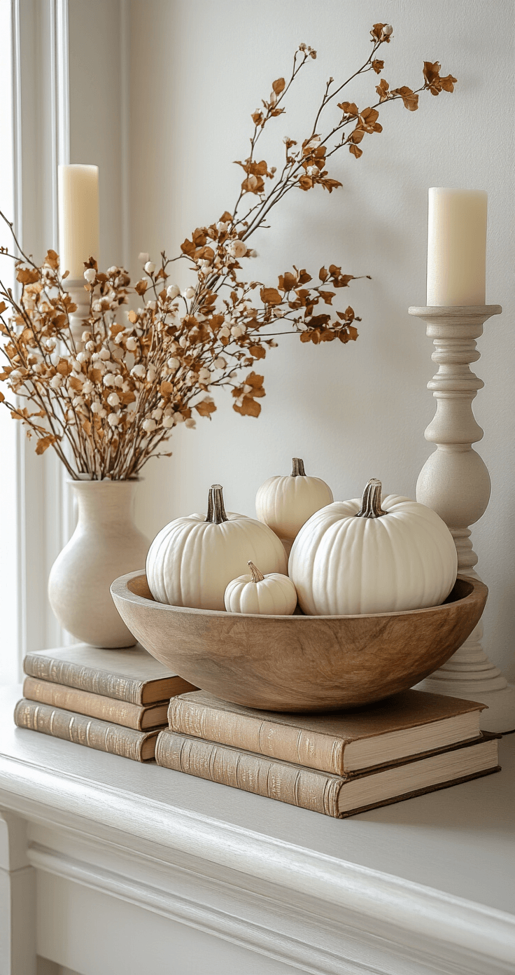 A styled fireplace mantel showcasing symmetrical cream candlesticks beside a wooden bowl filled with white pumpkins, stacked vintage books in coordinated colors, and subtle dried botanicals, all illuminated by warm afternoon light, highlighting the layered neutral fall decor.