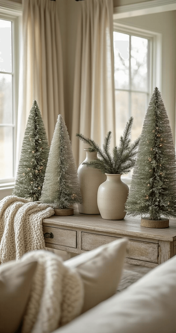 Ultra-detailed modern farmhouse living room featuring rustic ribbon Christmas trees on a distressed wooden console table, with soft winter light filtering through linen curtains and a warm neutral color palette. Handcrafted ceramic vases with pine branches, a textured wool throw, and layered styling create a cozy atmosphere.