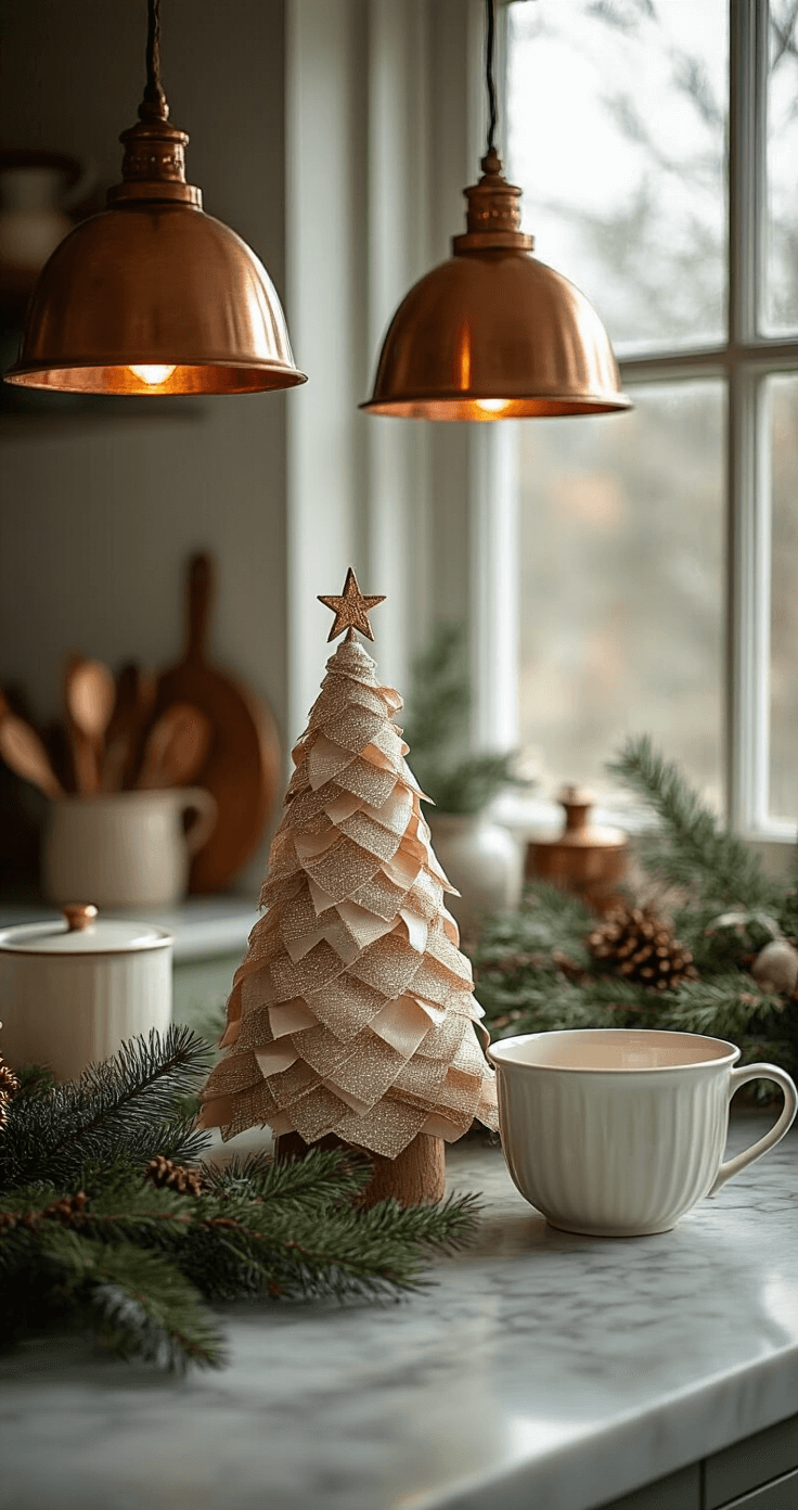 Cozy holiday kitchen featuring ribbon Christmas tree ornaments on a marble countertop, warm copper pendant lights, vintage brass kitchen tools, fresh evergreen garland, white ceramic mixing bowls, and soft winter light filtering through a frosted window, all in muted sage and copper tones.