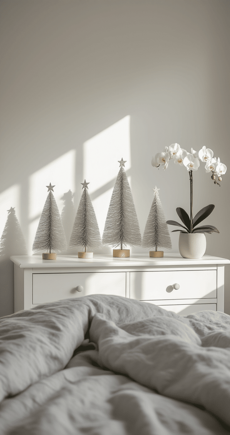 Minimalist Scandinavian bedroom corner featuring a white wooden dresser adorned with three sizes of ribbon Christmas trees, soft grey linen bedding, and a single stem white orchid in a ceramic pot, all bathed in pale winter sunlight casting soft shadows and highlighting clean architectural lines in a muted color palette.