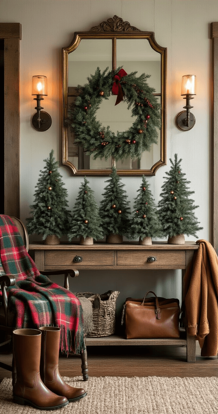 A rustic holiday entryway featuring ribbon Christmas trees on a reclaimed wood console, a vintage brass mirror, and an antique chair with a wool plaid throw. Leather boots and a wool coat hang nearby, illuminated by warm amber light from industrial sconces, all set in deep forest green and burnished copper tones, creating a welcoming atmosphere.
