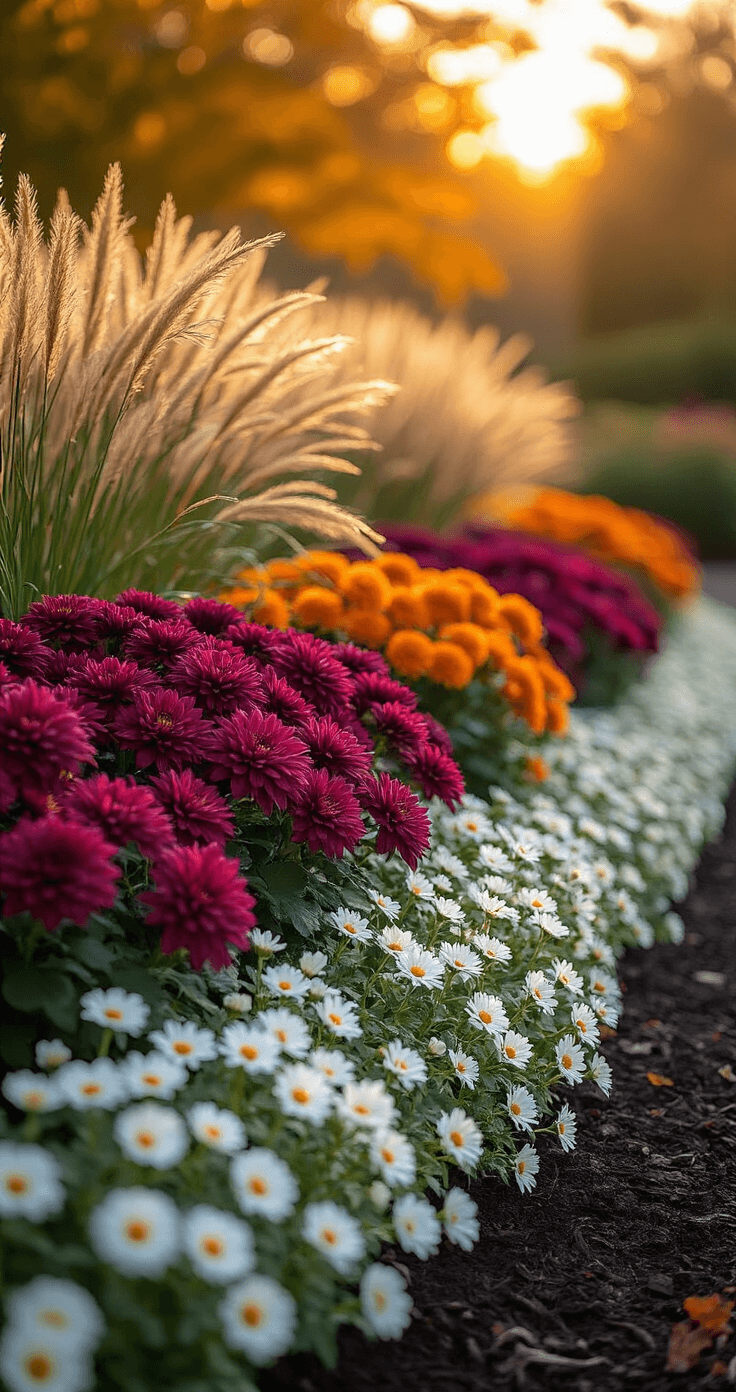 A detailed autumn garden scene featuring a professionally designed flower bed with layered plantings. The foreground has white and purple sweet alyssum, mid-ground shows burgundy and orange chrysanthemums in triangular clusters, and the background highlights tall feathery celosia in scarlet and deep purple. Ornamental grasses add texture, with soft shadows on dark mulched soil, all illuminated by warm, diffused golden hour sunlight.
