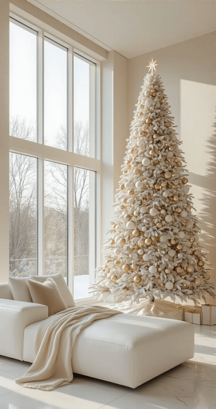 An ultra-luxe modern living room featuring a 9-foot minimalist Christmas tree adorned with matte white and champagne gold ornaments, positioned near floor-to-ceiling windows. A contemporary white leather sectional with a soft cashmere throw is nearby, all set against a neutral color palette of cream, white, and metallic gold on a white marble floor, captured in soft diffused lighting from a corner perspective.