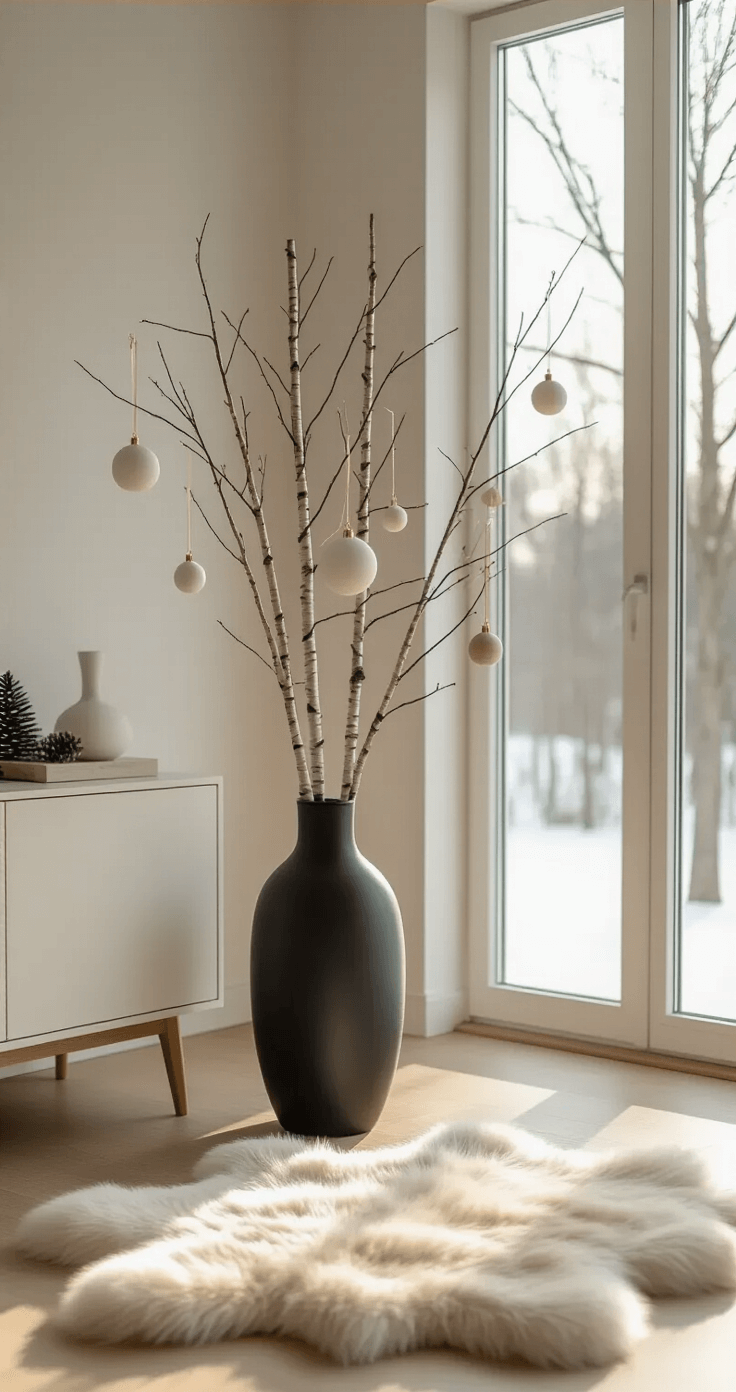 A Scandinavian-inspired holiday scene featuring a birch branch 'tree' arrangement in a tall matte black ceramic vase on light oak hardwood floors next to a mid-century modern white sideboard. Minimal white and natural wood ornaments hang from thin gold wire, illuminated by soft warm white LED lights. A large sheepskin rug lies in the foreground, with winter sunlight casting soft shadows and creating a diffused glow through large windows above.