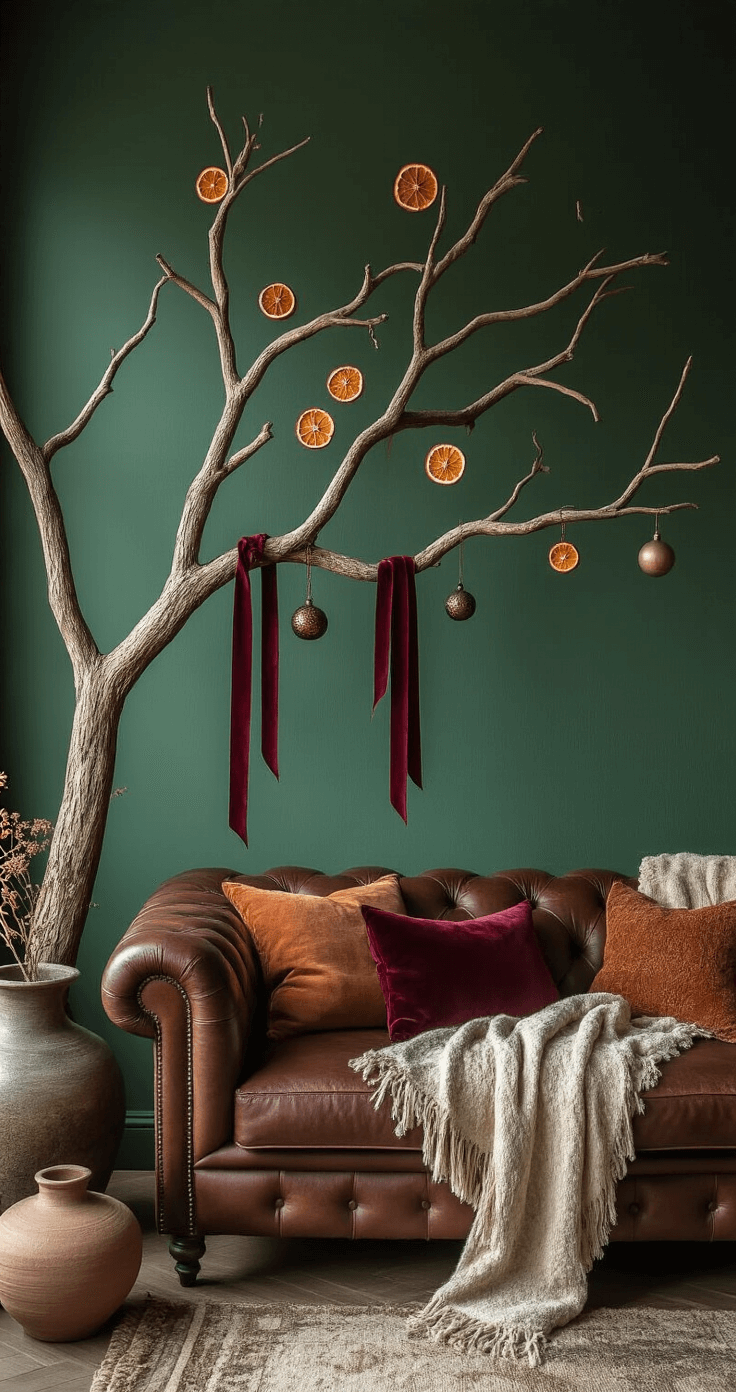 Moody bohemian living space with a natural branch tree installation against a deep forest green wall, featuring cascading burgundy velvet ribbons, dried orange slices, and antique bronze ornaments; a vintage leather chesterfield sofa with layered throws in rust and cream, surrounded by ceramic pottery and dried botanicals, all illuminated by low-angle dramatic lighting.