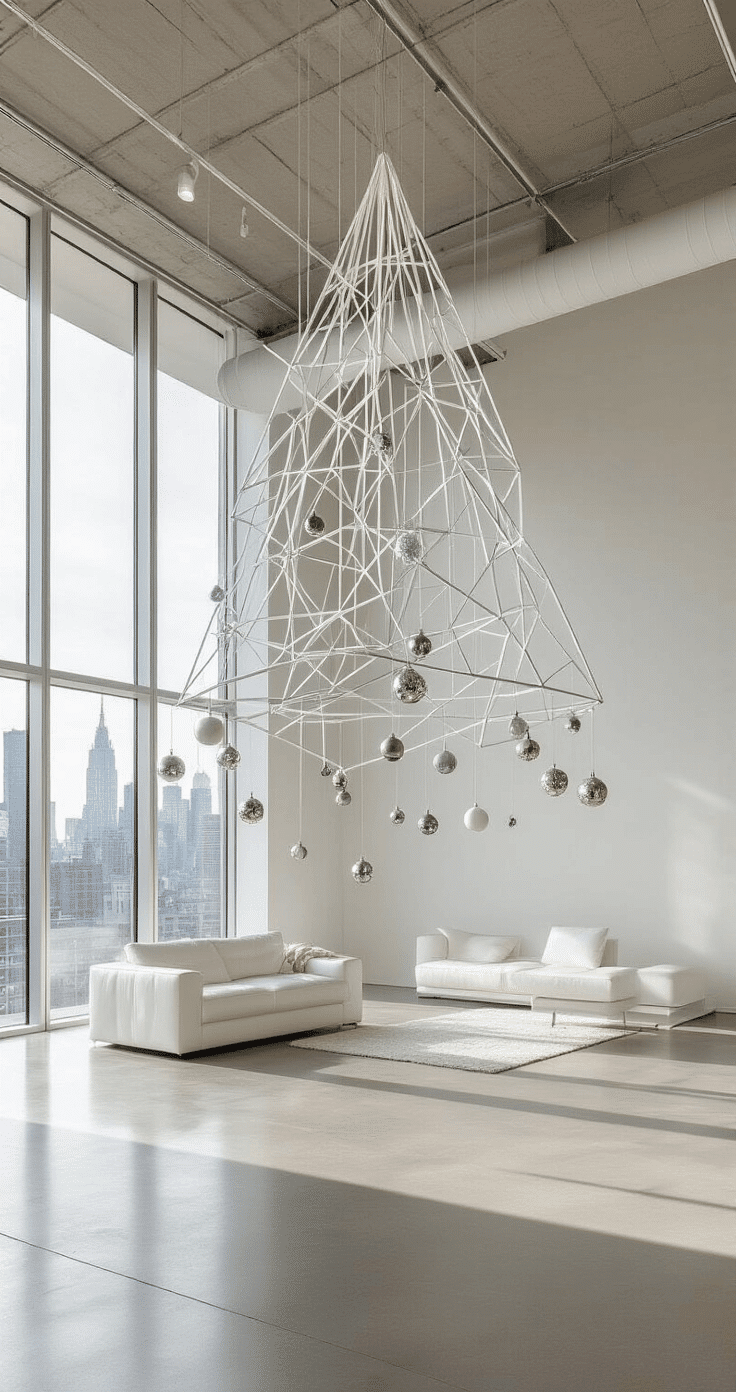 Minimalist white loft interior featuring a geometric suspended Christmas tree structure made of thin white metal rods, adorned with delicate glass and crystal ornaments, set against concrete floors and white leather furniture, with large windows showcasing a city skyline and soft, ethereal lighting creating reflections and shadows.