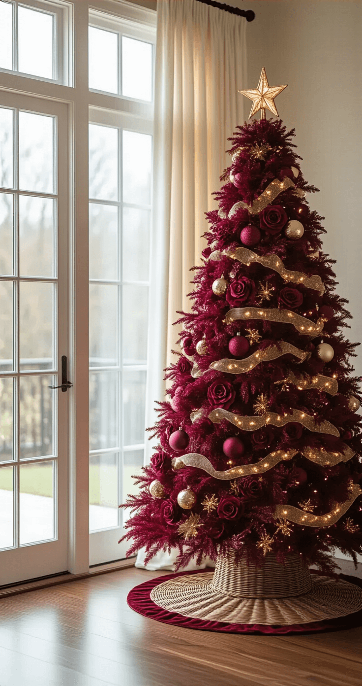 A luxurious living room featuring a tall 7.5-foot burgundy Christmas tree adorned with velvet ornaments and mercury glass finials, positioned by large floor-to-ceiling windows. Soft natural light filters through sheer cream curtains, illuminating the rich wine-burgundy color palette. A woven wicker tree collar and an elegant gold star topper complete the sophisticated scene, with hardwood floors reflecting the gentle light.