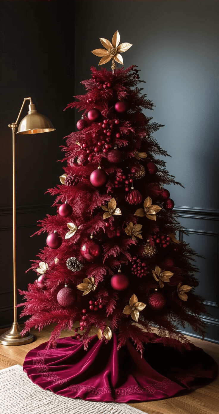 An intimate dining room corner featuring a burgundy Christmas tree against a charcoal gray wall, adorned with glossy and matte ornaments, gold-dipped magnolia leaves, and burgundy berry clusters, illuminated by soft warm lighting and a vintage brass floor lamp, with a sophisticated woven tree skirt on a hardwood floor.