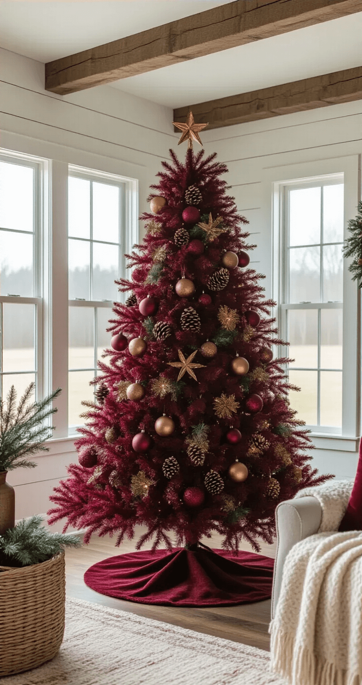 A wide-angle view of a modern farmhouse living room, featuring a burgundy Christmas tree adorned with rustic bronze and copper ornaments, set against shiplap walls and an exposed wooden beam ceiling. Natural light streams through large windows, highlighting the tree's decorations, including velvet ornaments and pinecone picks, while a woven basket tree collar and copper side table add warmth to the scene. Distressed hardwood floors complete the cozy atmosphere.