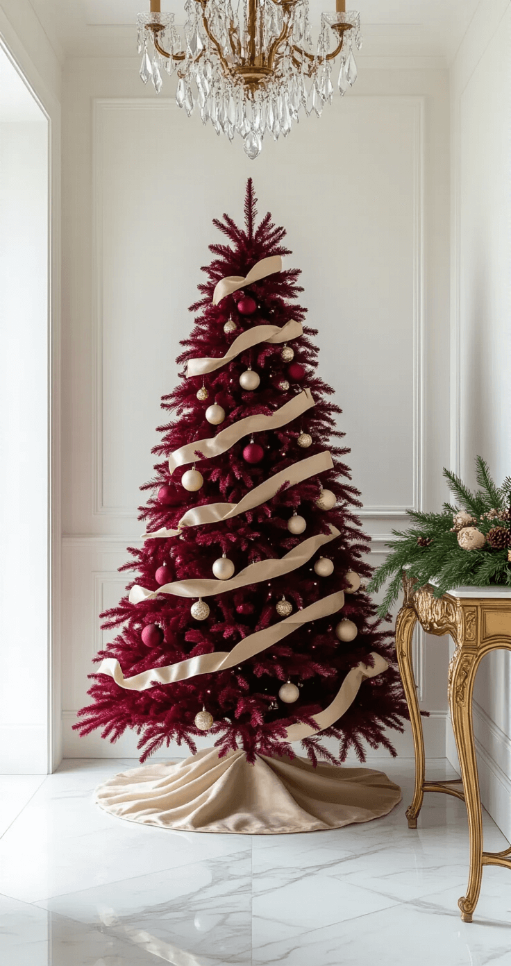 An elegant entryway featuring a slender burgundy Christmas tree adorned with champagne and cream ornaments, delicate velvet baubles, and gold-edged ribbon, against a crisp white wall. Marble tile flooring reflects light beneath a crystal chandelier, while a vintage gold console table with winter greenery complements the sophisticated decor.