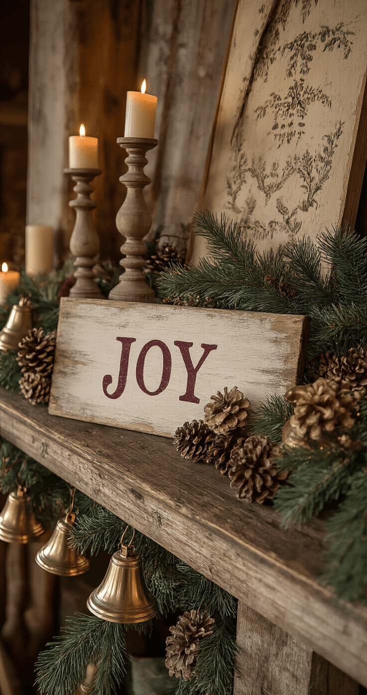 A cozy rustic Christmas mantel decorated with weathered wooden candlesticks, vintage brass bells, and a hand-painted sign reading 'JOY', illuminated by warm golden hour light, with soft shadows and textures from reclaimed wood, alongside pinecones and evergreen sprigs.