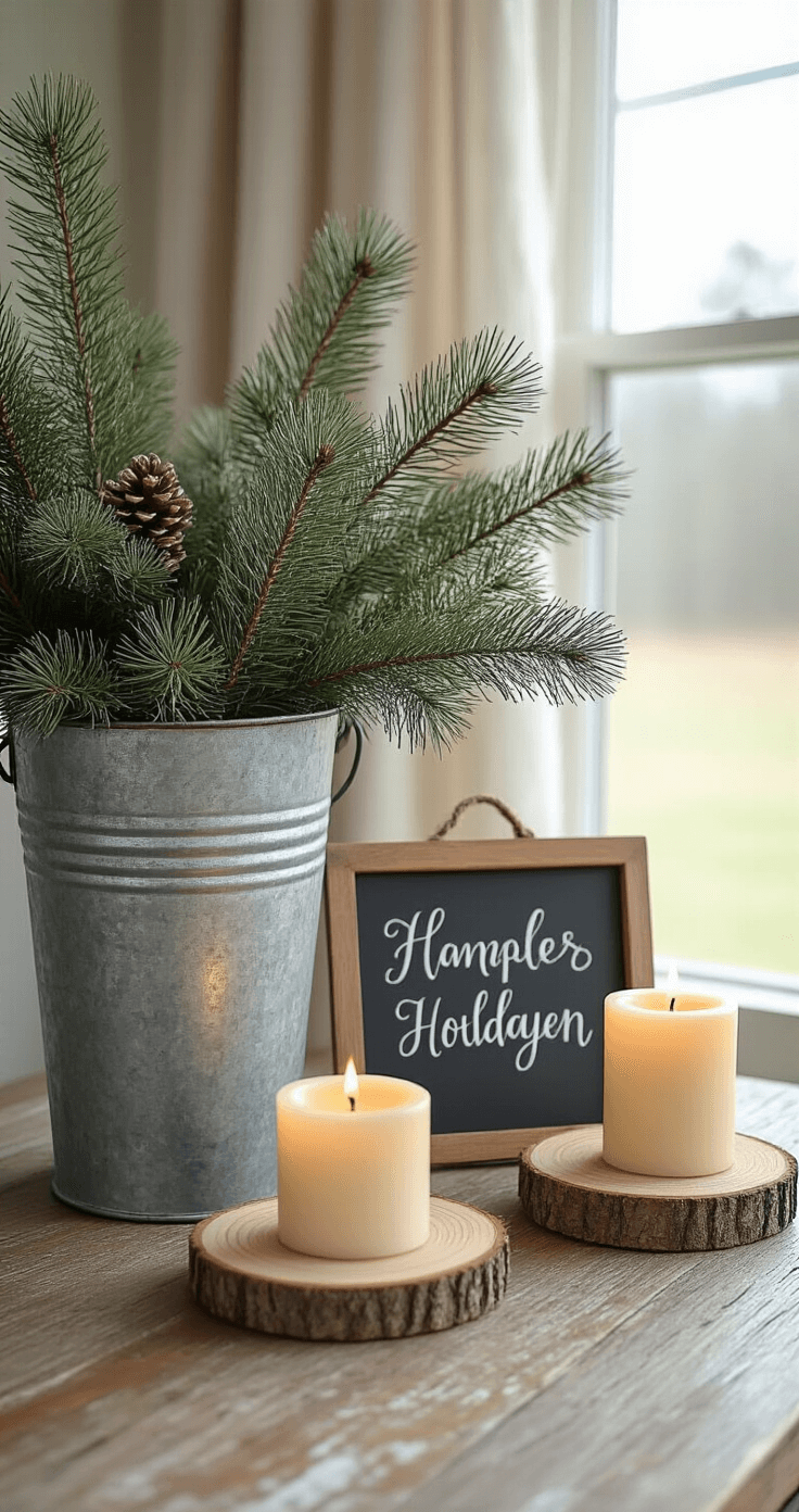A farmhouse entry table styled with a galvanized metal bucket of fresh pine branches, wooden slice coasters with warm ivory battery-operated pillar candles, and a vintage chalkboard featuring an elegant holiday message, all bathed in soft morning light filtering through linen curtains.