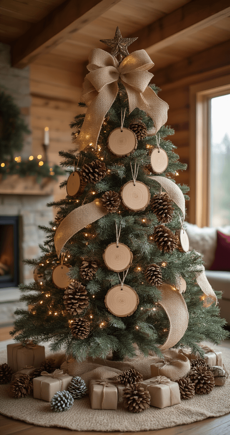 Intimate Christmas tree adorned with wood slice ornaments, burlap ribbon, and pinecone decorations, illuminated by warm white lights, set in a cedar-paneled living room with exposed beams, showcasing layers of cream, burgundy, and forest green from an elevated angle.