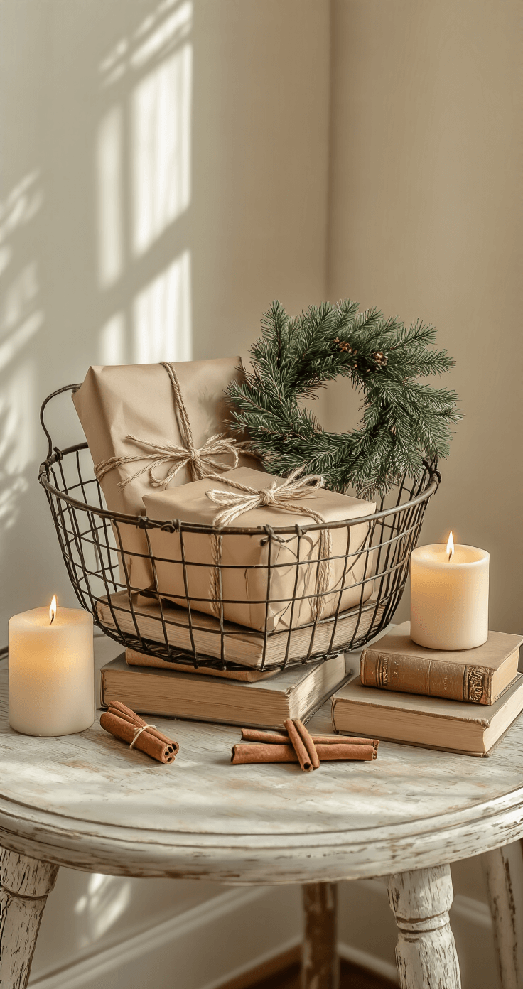 A cozy corner featuring a vintage wire basket filled with wrapped kraft paper presents, stacked antique books adorned with a miniature evergreen wreath, scattered bundles of cinnamon sticks, and battery-operated candles of varying heights. The weathered wood side table displays a warm neutral color palette, illuminated by late afternoon light that casts soft shadows and enhances the natural textures.