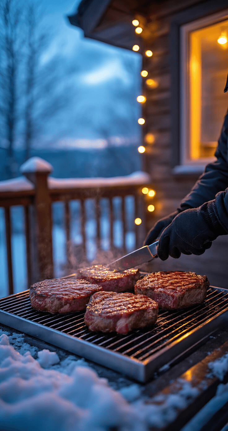 Close-up of gloved hands grilling thick-cut ribeye steaks on a stainless steel grill on a snow-covered deck at twilight, surrounded by LED string lights and with warm kitchen lighting visible in the distance.