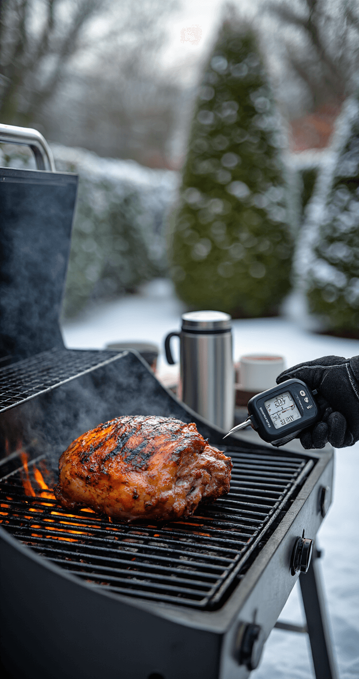 A professional outdoor winter grilling setup features a wireless meat thermometer on a sizzling pork shoulder, with the grill positioned against the wind and surrounded by snow-dusted hedges, insulated grilling gloves, and a thermos of hot coffee nearby, all in soft evening light with a muted color palette and focus on the meat's caramelization and rising steam.
