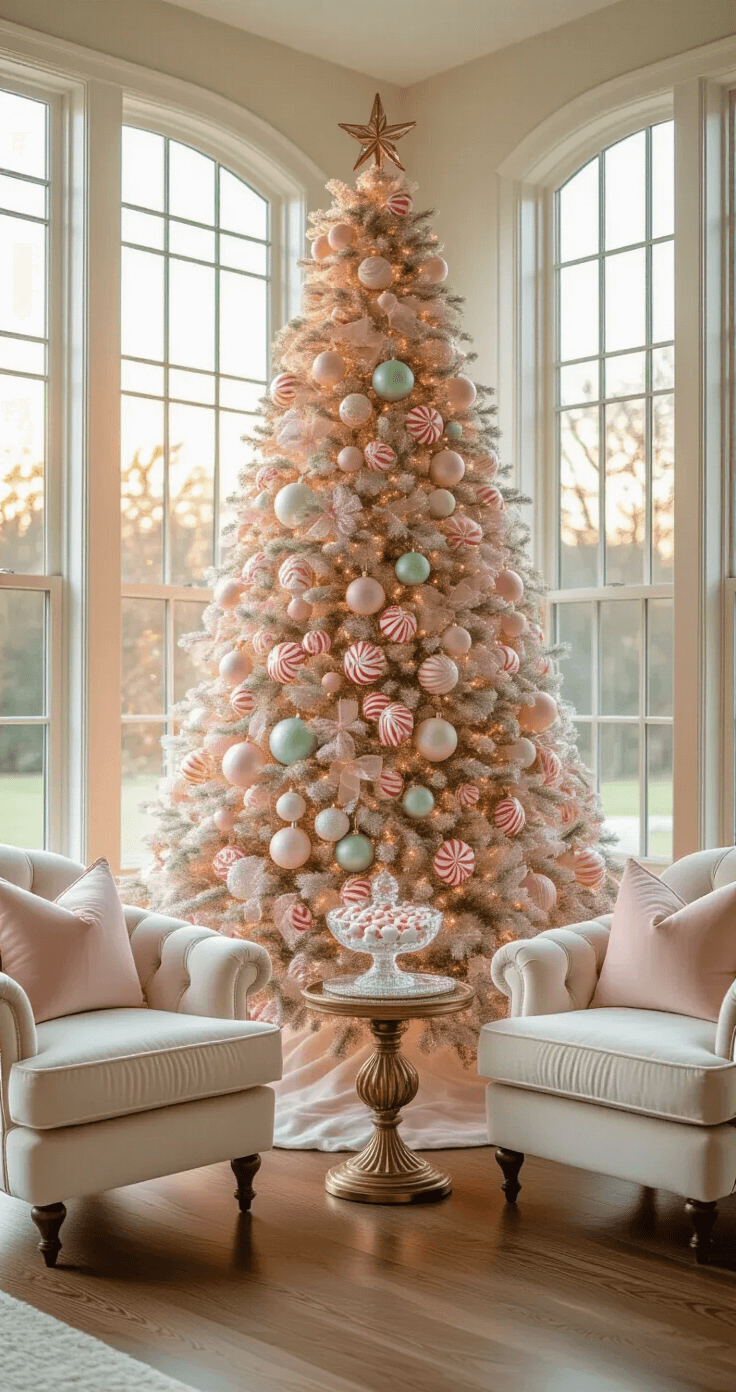 A beautifully styled holiday living room with a towering Christmas tree adorned with oversized glass candy ornaments in blush pink, mint green, and white, warm golden light streaming through bay windows, cream velvet armchairs, vintage brass side table with a crystal candy dish, and elegant hardwood floors, all captured in a dreamy wide-angle shot.