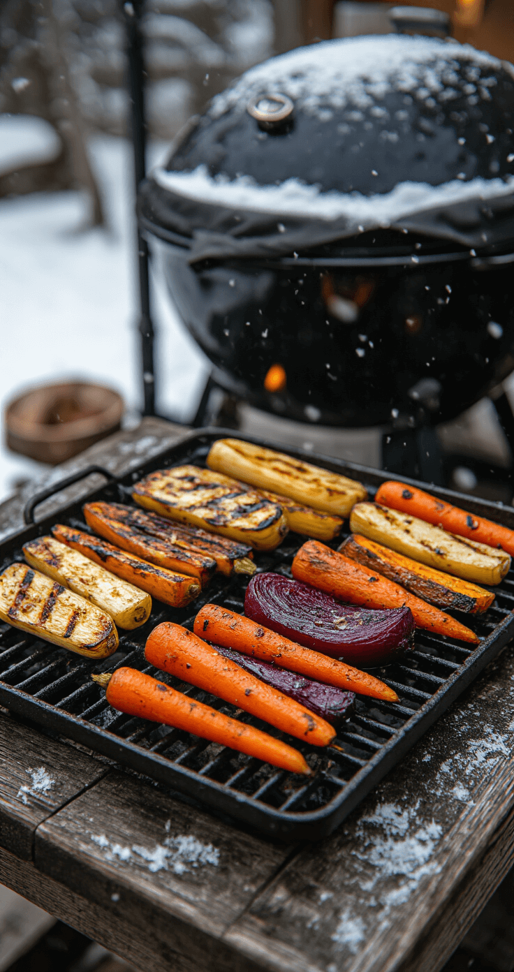 Rustic winter barbecue scene with grilled caramelized root vegetables on cast iron grates, including carrots, parsnips, and beets with maple glaze. Overhead view on a weathered wooden surface, featuring a grill with heavy-duty cover in the background and gentle snowfall. Warm amber lighting from an outdoor lamp casts dramatic shadows, highlighting the detailed textures of the vegetables and the snowy ground.