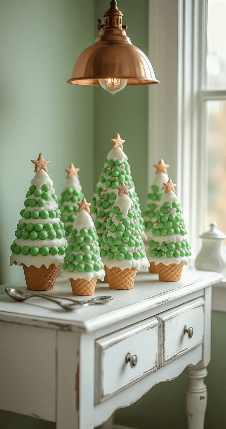 Close-up of a cozy dining room corner featuring miniature DIY ice cream cone Christmas trees adorned with royal icing and green candy-coated chocolates on a distressed white farmhouse sideboard, illuminated by warm sunlight and a copper pendant light, with vintage silver sugar tongs and a porcelain candy dish nearby.