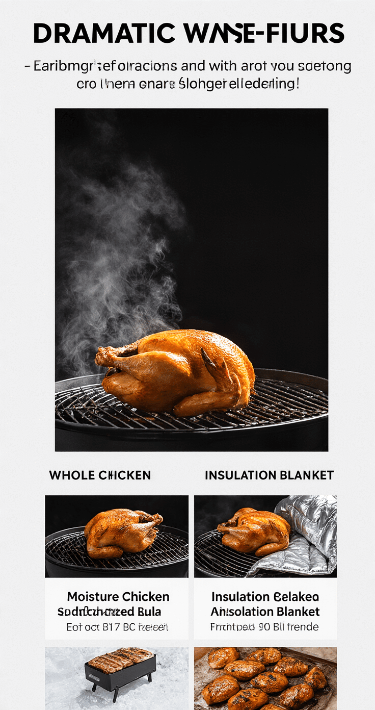Close-up of a whole roasted chicken on a grill at night, illuminated by powerful LED lights, with steam rising against a pitch-black background, showcasing moisture and texture of the chicken skin, and featuring a windbreak and insulation blanket.