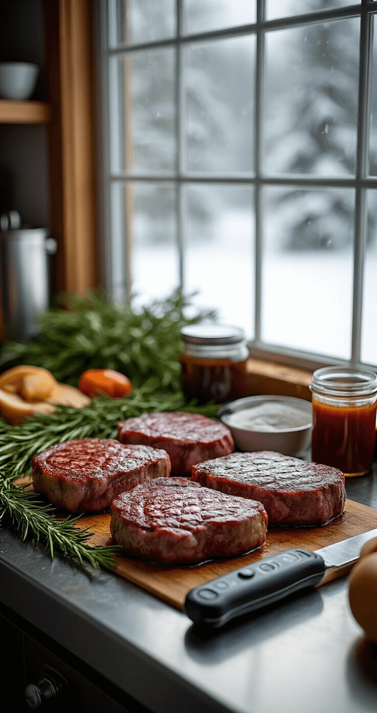 A professional winter barbecue preparation scene on a stainless steel kitchen counter, featuring thick-cut steaks, fresh rosemary sprigs, a bottle of maple-bourbon glaze, and a wireless meat thermometer, with a snowy landscape visible through a large window and soft natural light enhancing the culinary aesthetic.