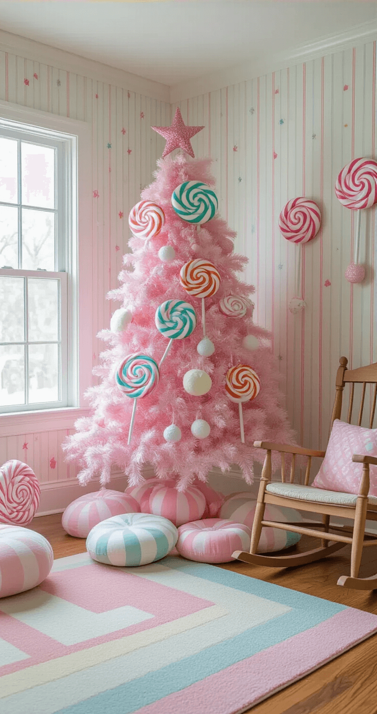 Cozy children's playroom corner transformed into a candy-themed Christmas wonderland, featuring a pastel rainbow-colored tree adorned with giant lollipop ornaments, soft plush candy-shaped pillows, whimsical candy stripe wallpaper, hardwood floors with a colorful area rug, a vintage wooden rocking chair, and soft natural light creating a magical atmosphere.