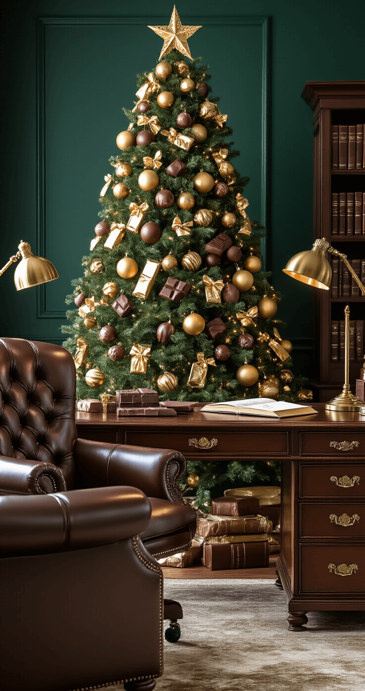 Elegant home office featuring a Christmas tree adorned with gold and bronze candy-shaped ornaments, set against dark emerald walls, complemented by a rich mahogany desk and leather executive chair, with soft ambient lighting and vintage books nearby.