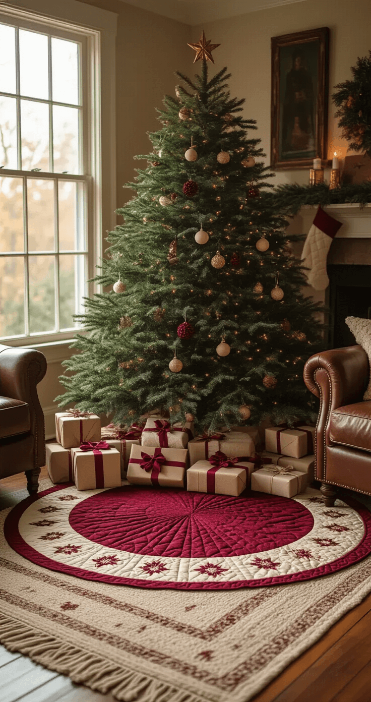 A warm, cozy living room at golden hour features a real pine tree with a traditional quilted Christmas tree skirt in burgundy and cream tones, surrounded by wrapped presents. The low angle shot captures the intricate quilting details, vintage wooden floors, and soft wool rug, while warm tungsten lighting casts gentle shadows on the distressed leather armchair.