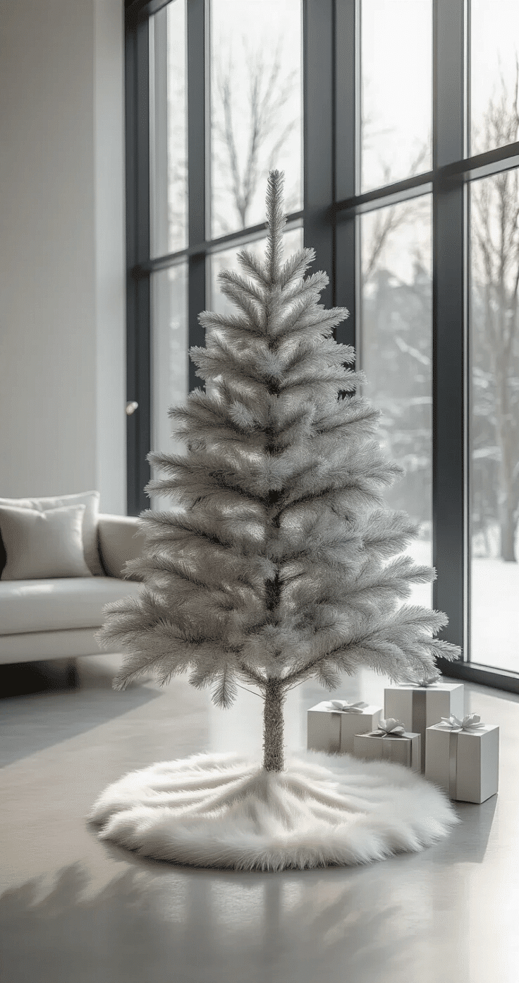 A minimalist contemporary living space featuring a white faux fur tree skirt under a sleek artificial tree, with concrete floors and floor-to-ceiling windows allowing soft winter light. The Scandinavian-inspired furniture showcases clean lines in a monochromatic palette of whites, grays, and silvers. A brushed metallic tree collar adds elegance, while soft fur texture contrasts with the hard surfaces. Geometric presents complement the minimalist aesthetic, all bathed in ethereal natural light.