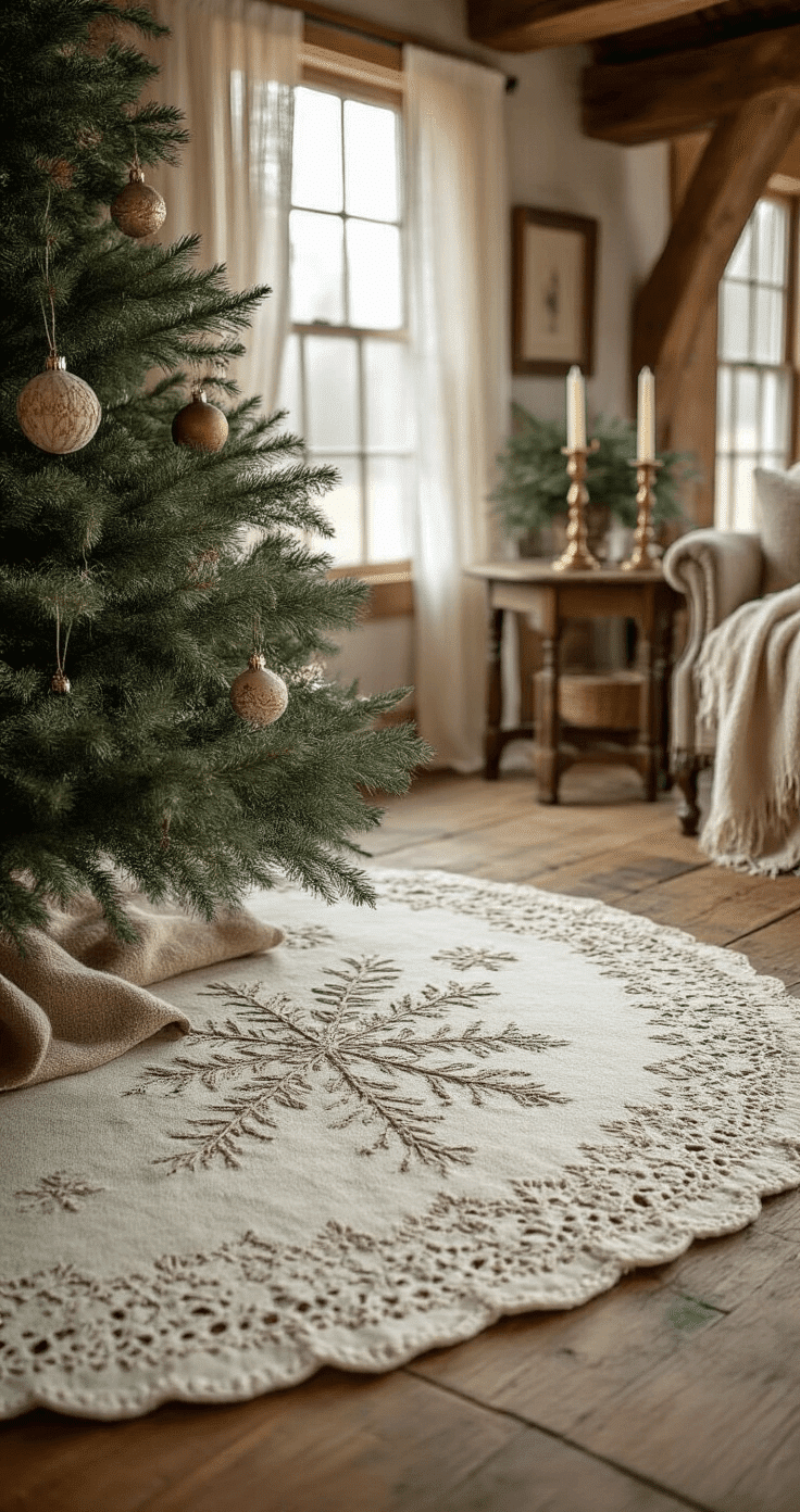 A cozy rustic farmhouse living room with reclaimed wood floors, an evergreen tree adorned with handcrafted ornaments, and a handmade embroidered tree skirt featuring delicate snowflake stitching, illuminated by soft morning light filtering through lace curtains.